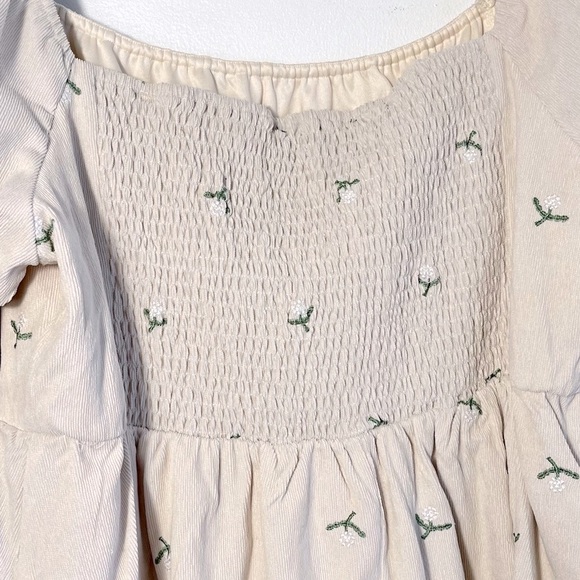 DAVI & DANI Corduroy Fabric embroidered Bib floral print Mini Dress in cream tan - Picture 9 of 11